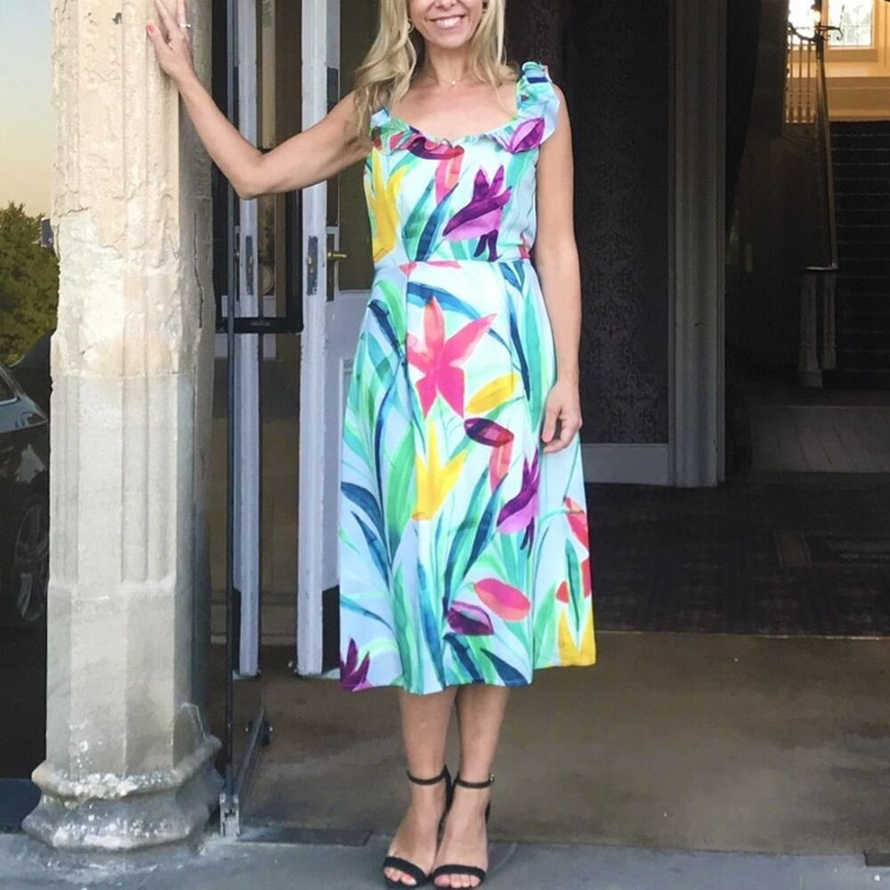 Oliver Bonas Tropical Ruffle Midi Dress Size 6